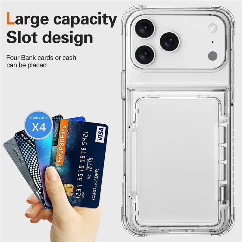 For iPhone 17 Pro Clear Case PC + TPU Phone Cover Card Holder Kickstand - Transparent