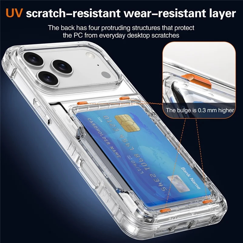 For iPhone 17 Pro Clear Case PC + TPU Phone Cover Card Holder Kickstand - Transparent