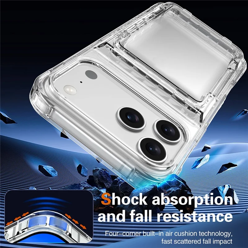 For iPhone 17 Pro Clear Case PC + TPU Phone Cover Card Holder Kickstand - Transparent