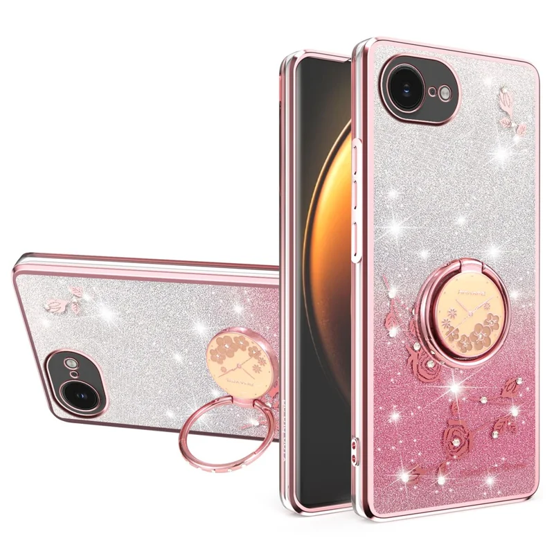KADEM Pour iPhone 16e Étui avec Anneau Support TPU Fleurs Coque de Téléphone Dégradé Pailleté - Rose