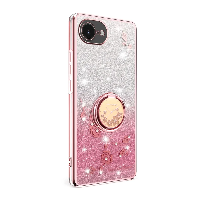 KADEM Pour iPhone 16e Étui avec Anneau Support TPU Fleurs Coque de Téléphone Dégradé Pailleté - Rose