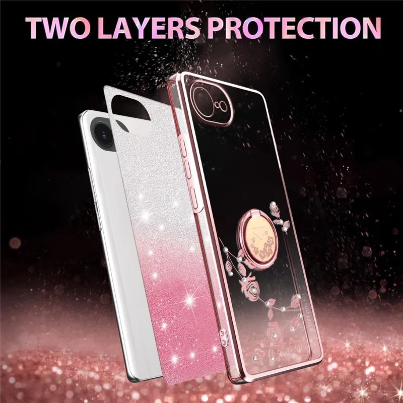 KADEM Pour iPhone 16e Étui avec Anneau Support TPU Fleurs Coque de Téléphone Dégradé Pailleté - Rose