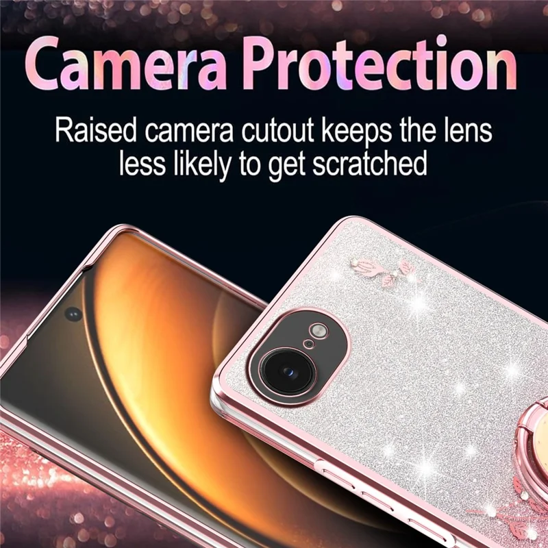 KADEM Pour iPhone 16e Étui avec Anneau Support TPU Fleurs Coque de Téléphone Dégradé Pailleté - Rose