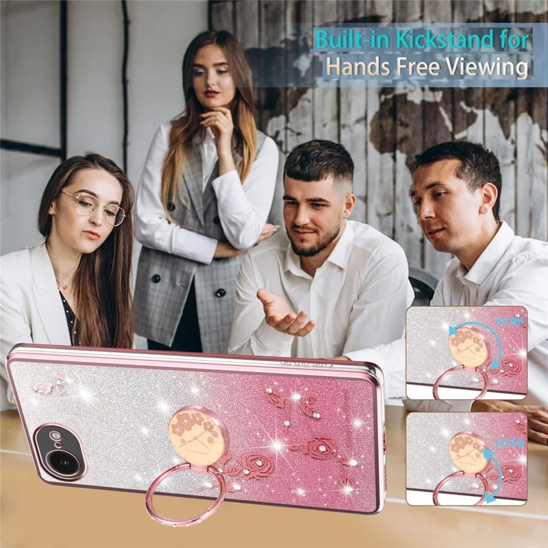 KADEM Pour iPhone 16e Étui avec Anneau Support TPU Fleurs Coque de Téléphone Dégradé Pailleté - Rose