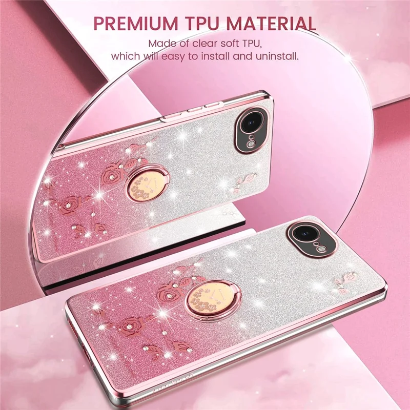KADEM Pour iPhone 16e Étui avec Anneau Support TPU Fleurs Coque de Téléphone Dégradé Pailleté - Rose