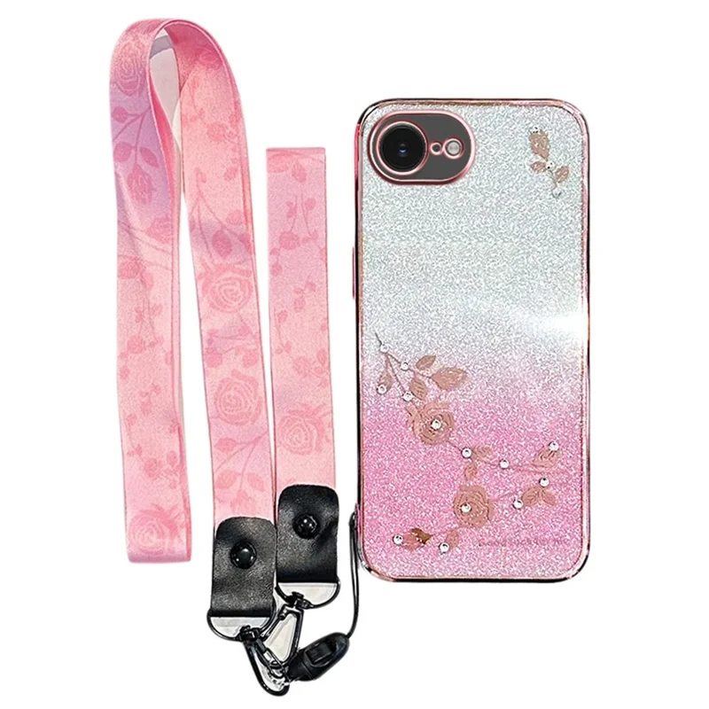 KADEM For iPhone 16e Case Flower Pattern TPU Gradient Phone Cover with Lanyards - Rose Gold
