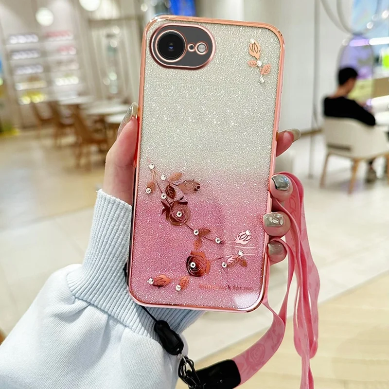 KADEM For iPhone 16e Case Flower Pattern TPU Gradient Phone Cover with Lanyards - Rose Gold