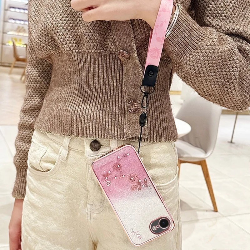 KADEM For iPhone 16e Case Flower Pattern TPU Gradient Phone Cover with Lanyards - Rose Gold