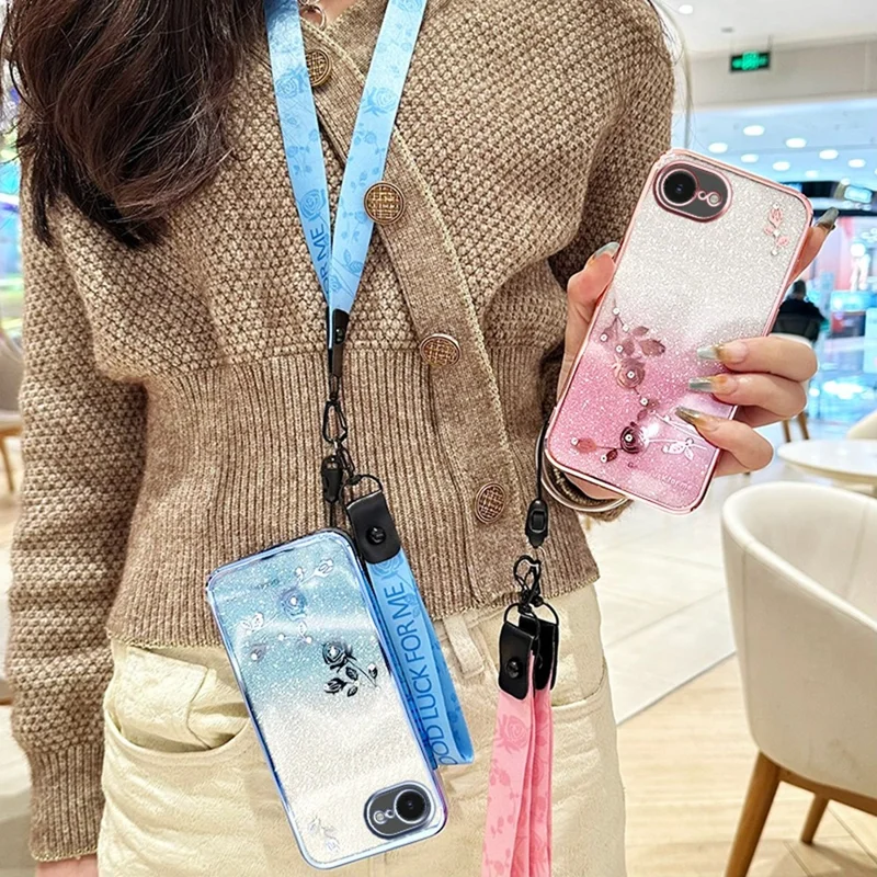 KADEM For iPhone 16e Case Flower Pattern TPU Gradient Phone Cover with Lanyards - Rose Gold