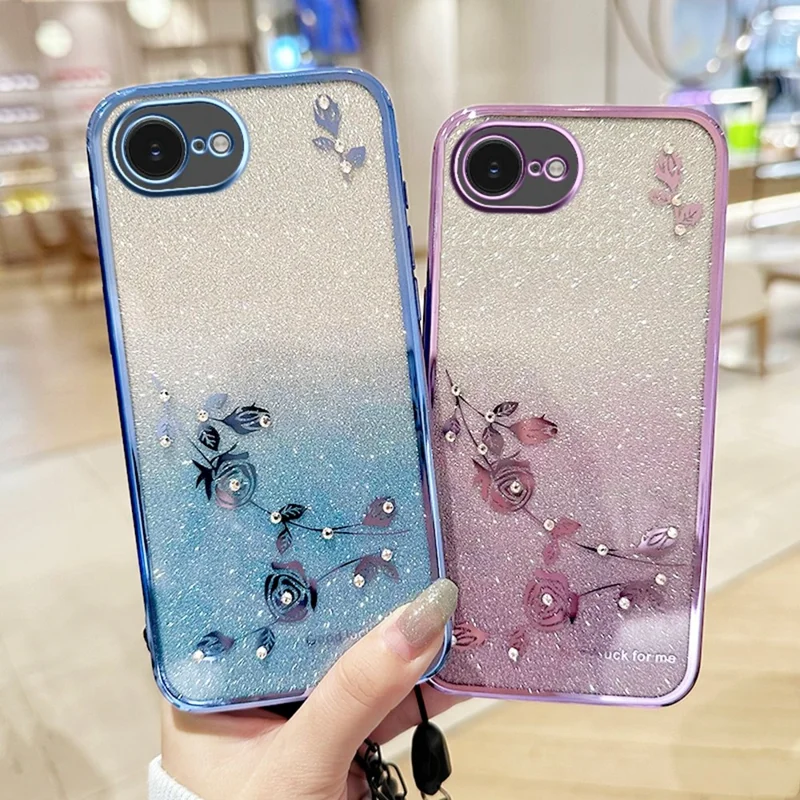 KADEM For iPhone 16e Case Flower Pattern TPU Gradient Phone Cover with Lanyards - Rose Gold