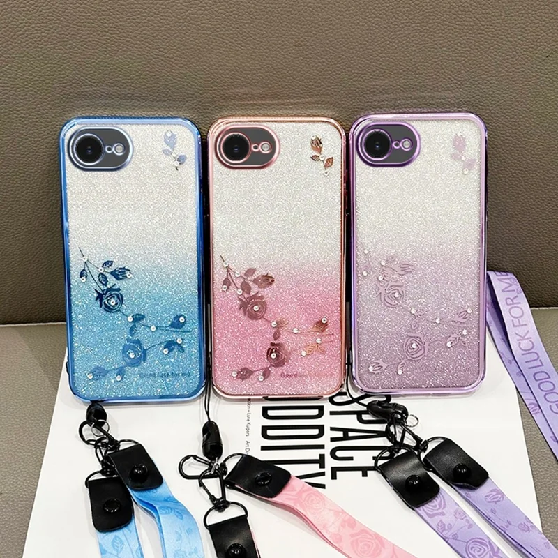 KADEM For iPhone 16e Case Flower Pattern TPU Gradient Phone Cover with Lanyards - Rose Gold