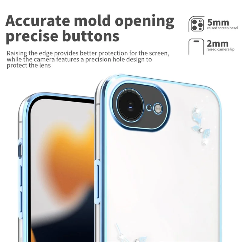 KADEM Para Capa de iPhone 16e com Decoração de Flores e Strass, Capa de Telefone TPU com Revestimento Eletrolítico - Azul