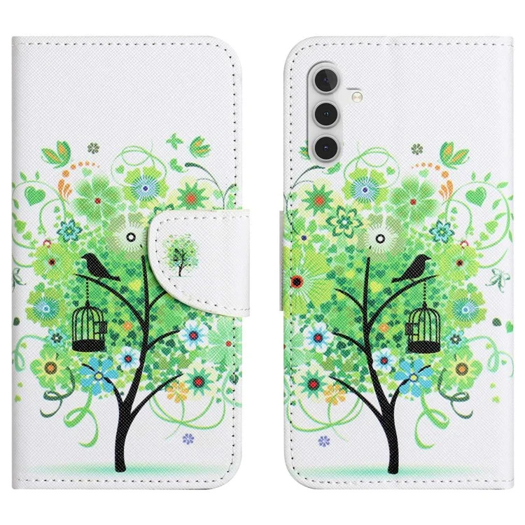 Para Samsung Galaxy A14 5G / A14 4G Cross Texture PU Leather Phone Stand Wallet Case Pattern Printing Shockproof Cover - Green Tree