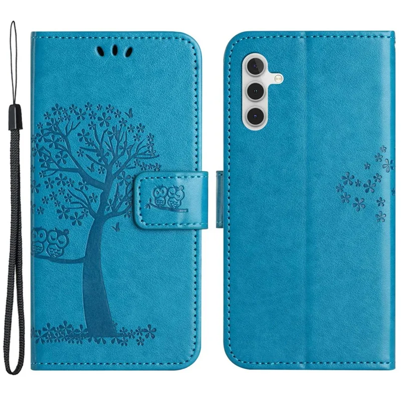 For Samsung Galaxy A14 5G / A14 4G Full Protection Cell Phone Cover PU Leather Imprinted Owl Tree Pattern Phone Case with Wallet Stand - Blue
