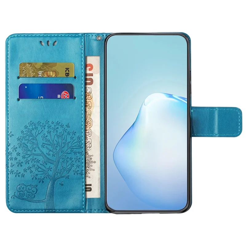 For Samsung Galaxy A14 5G / A14 4G Full Protection Cell Phone Cover PU Leather Imprinted Owl Tree Pattern Phone Case with Wallet Stand - Blue