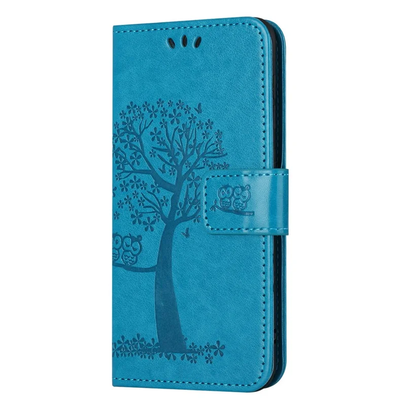 For Samsung Galaxy A14 5G / A14 4G Full Protection Cell Phone Cover PU Leather Imprinted Owl Tree Pattern Phone Case with Wallet Stand - Blue