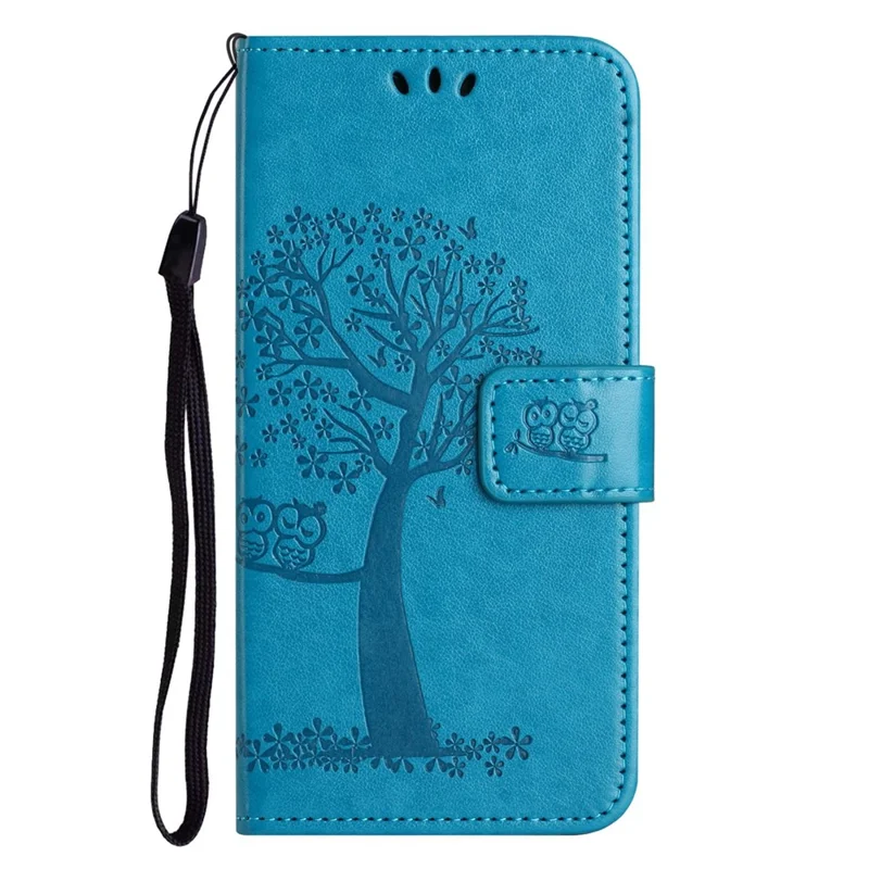 For Samsung Galaxy A14 5G / A14 4G Full Protection Cell Phone Cover PU Leather Imprinted Owl Tree Pattern Phone Case with Wallet Stand - Blue