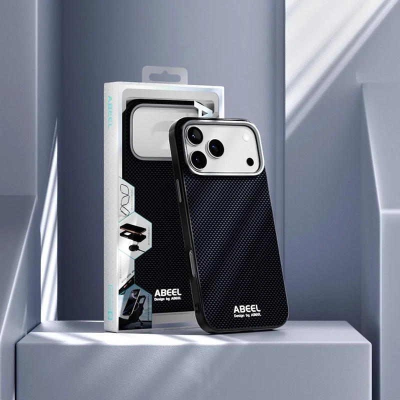 ABEEL Custodia per iPhone 17 Pro Max compatibile con MagSafe in lega di alluminio, PC stampato e TPU, rivestimento in pelle - Nero