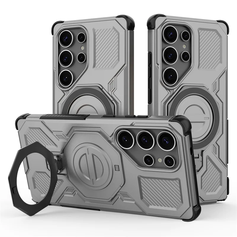 For Samsung Galaxy S25 Ultra Magnetic Case Rotating Metal Kickstand PC + TPU Phone Back Cover - Grey