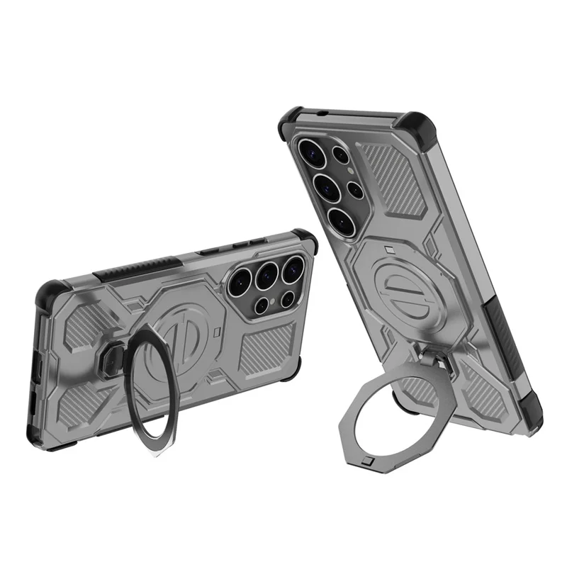 For Samsung Galaxy S25 Ultra Magnetic Case Rotating Metal Kickstand PC + TPU Phone Back Cover - Grey