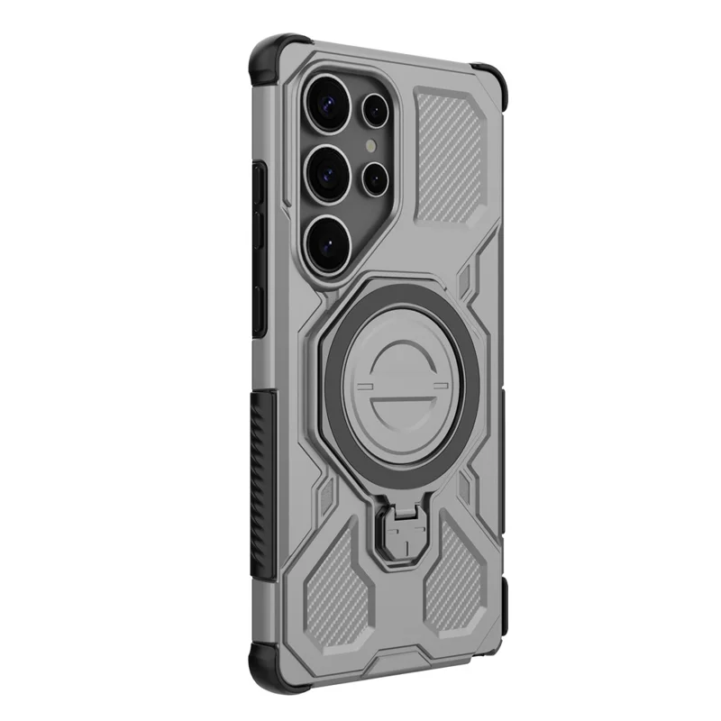 For Samsung Galaxy S25 Ultra Magnetic Case Rotating Metal Kickstand PC + TPU Phone Back Cover - Grey
