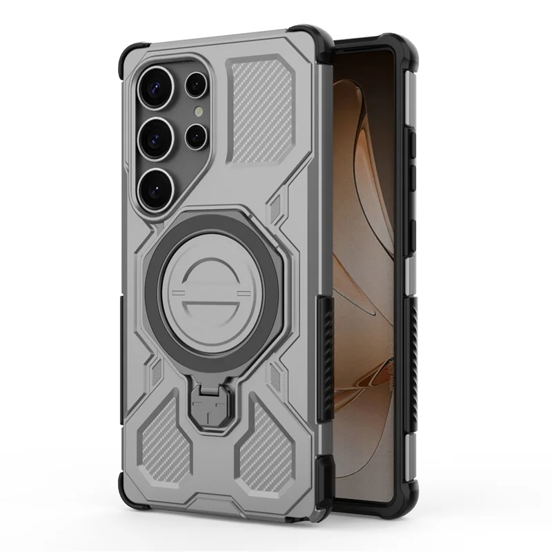 For Samsung Galaxy S25 Ultra Magnetic Case Rotating Metal Kickstand PC + TPU Phone Back Cover - Grey
