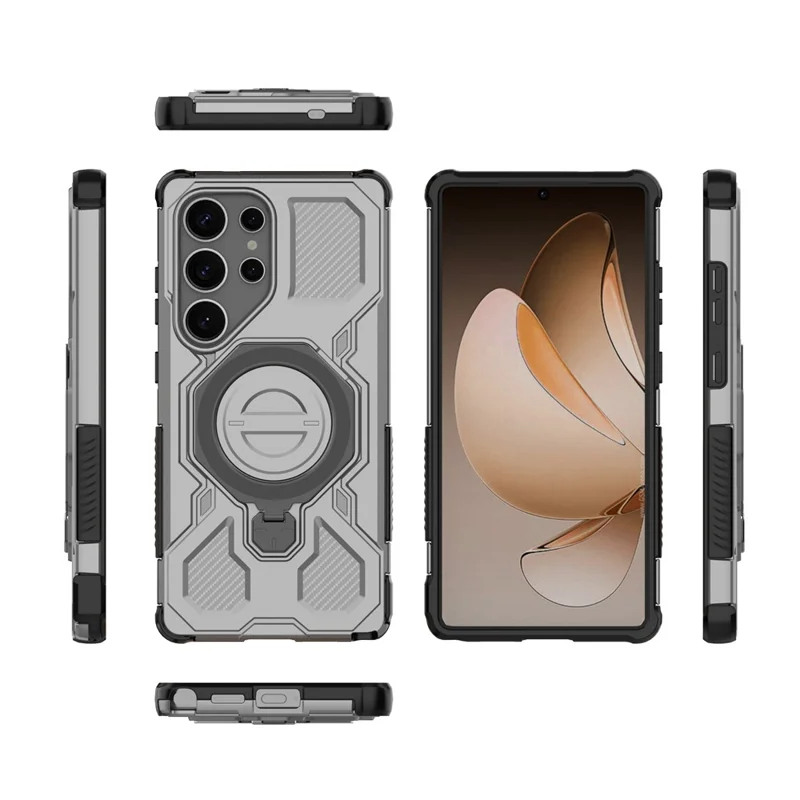 For Samsung Galaxy S25 Ultra Magnetic Case Rotating Metal Kickstand PC + TPU Phone Back Cover - Grey