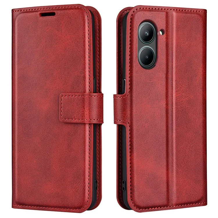 For Realme C33 2023 4G / C33 4G Calf Textured PU Leather Wallet Case Stand Function Square Magnetic Clasp Protective Shockproof Phone Cover - Red