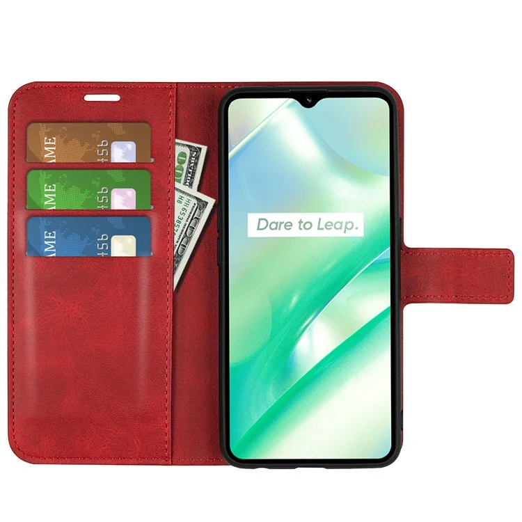 For Realme C33 2023 4G / C33 4G Calf Textured PU Leather Wallet Case Stand Function Square Magnetic Clasp Protective Shockproof Phone Cover - Red