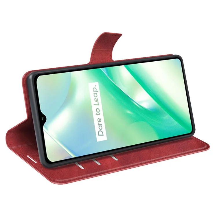 For Realme C33 2023 4G / C33 4G Calf Textured PU Leather Wallet Case Stand Function Square Magnetic Clasp Protective Shockproof Phone Cover - Red