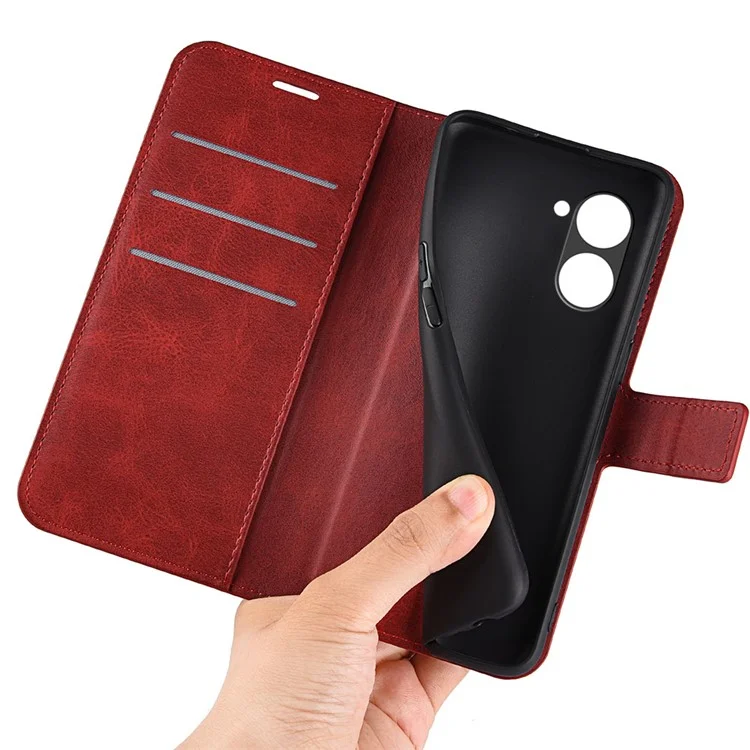 For Realme C33 2023 4G / C33 4G Calf Textured PU Leather Wallet Case Stand Function Square Magnetic Clasp Protective Shockproof Phone Cover - Red