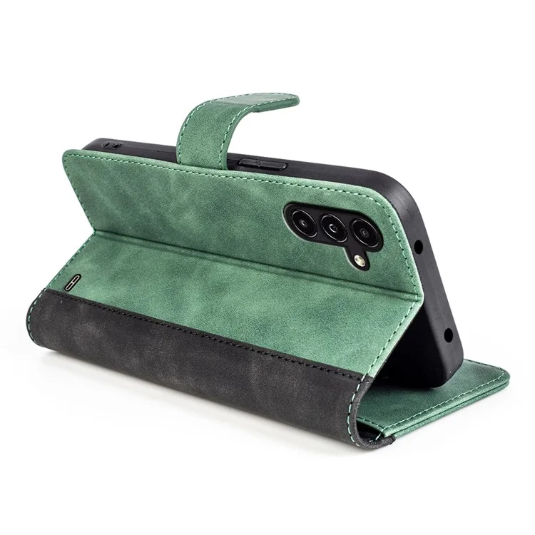 For Samsung Galaxy A14 5G / 4G Color Splicing PU Leather Book Wallet Case Magnetic Closure Stand Full Protection Folio Flip Phone Cover - Green