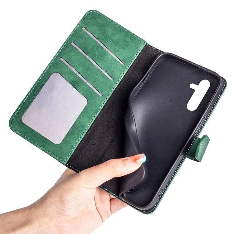 For Samsung Galaxy A14 5G / 4G Color Splicing PU Leather Book Wallet Case Magnetic Closure Stand Full Protection Folio Flip Phone Cover - Green