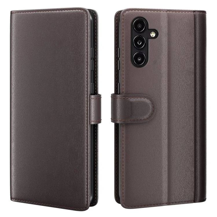 For Samsung Galaxy A14 5G Genuine Split Leather Wallet Case Magnetic Buckle Folding Stand Flip Phone Cover - Brown