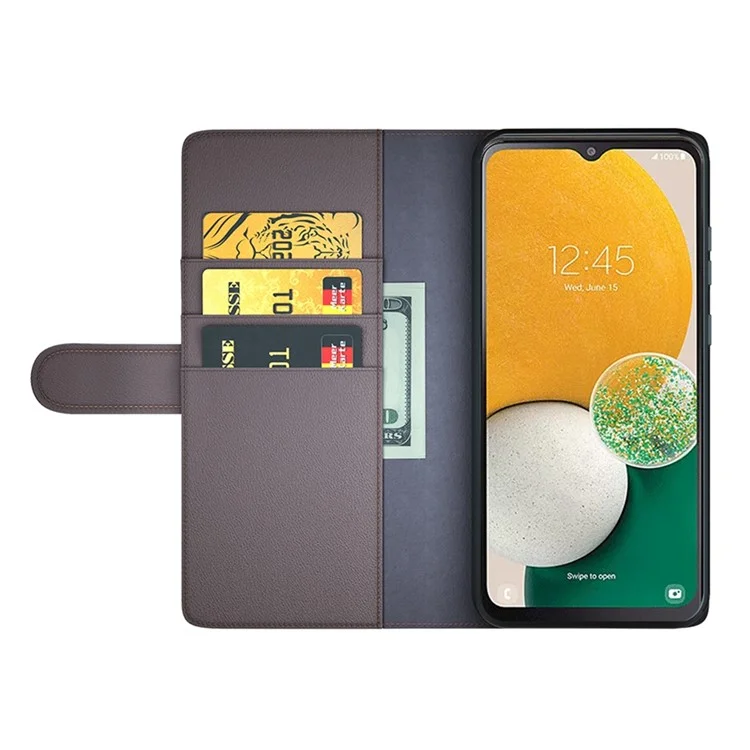 For Samsung Galaxy A14 5G / 4G Case Genuine Split Leather Phone Cover with Wallet Stand - Brown