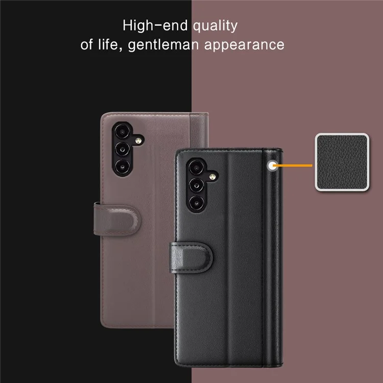 For Samsung Galaxy A14 5G Genuine Split Leather Wallet Case Magnetic Buckle Folding Stand Flip Phone Cover - Brown