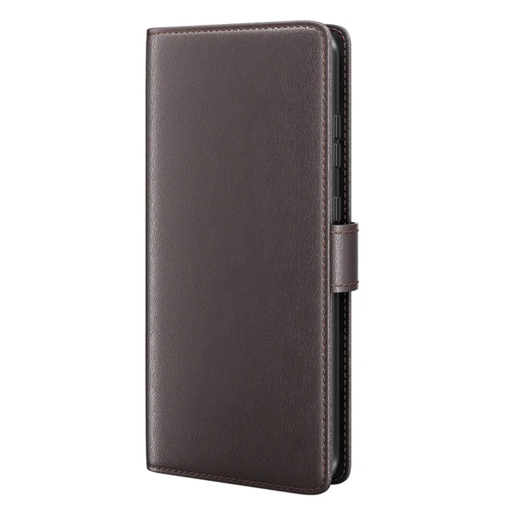 For Samsung Galaxy A14 5G Genuine Split Leather Wallet Case Magnetic Buckle Folding Stand Flip Phone Cover - Brown