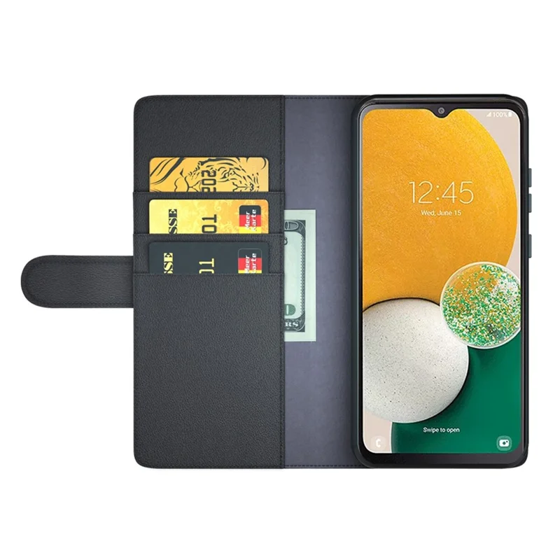 For Samsung Galaxy A14 5G / 4G Case Genuine Split Leather Phone Cover with Wallet Stand - Black