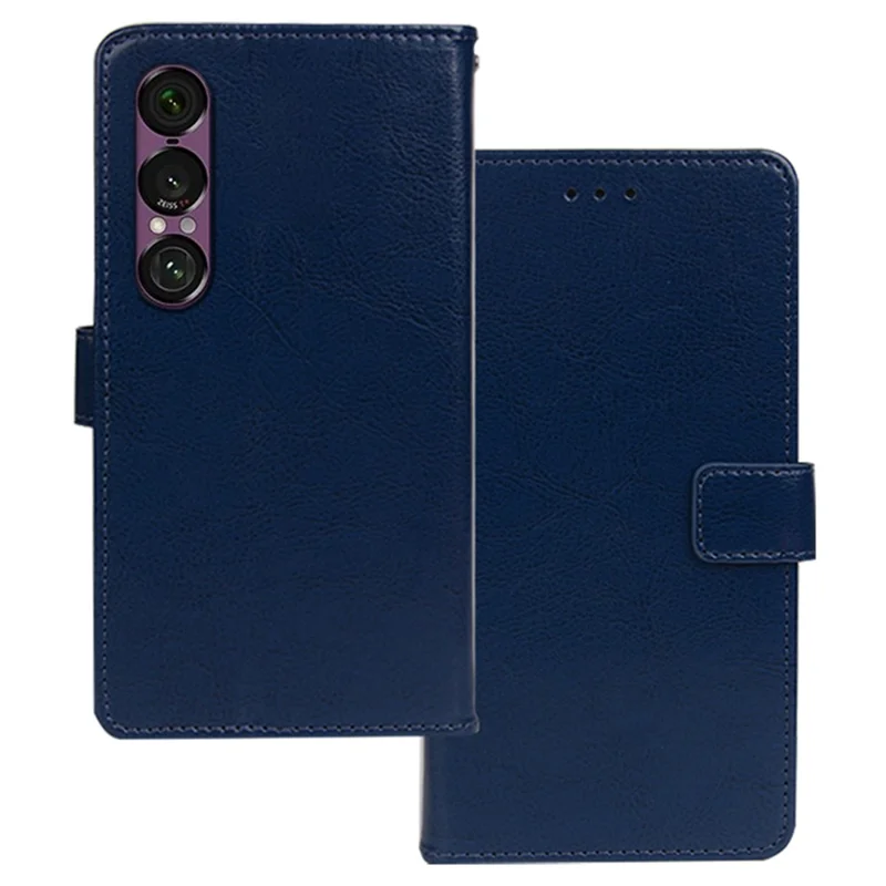 IDEWEI Per Sony Xperia 1 VII Cover Portafoglio in Pelle per Cellulare con Texture Cavallo Pazzo - Blu