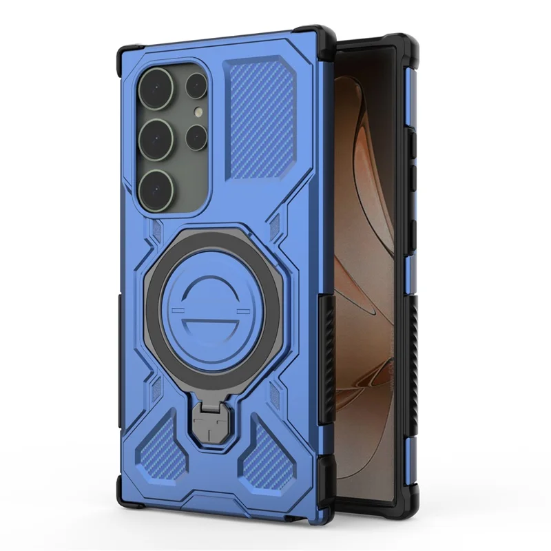 For Samsung Galaxy S24 Ultra Magnetic Case Rotating Metal Kickstand PC + TPU Phone Back Cover - Dark Blue