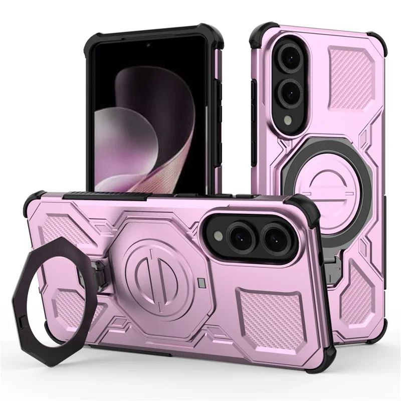 For Samsung Galaxy S25 Edge Magnetic Case Rotating Metal Kickstand PC + TPU Phone Back Cover - Pink