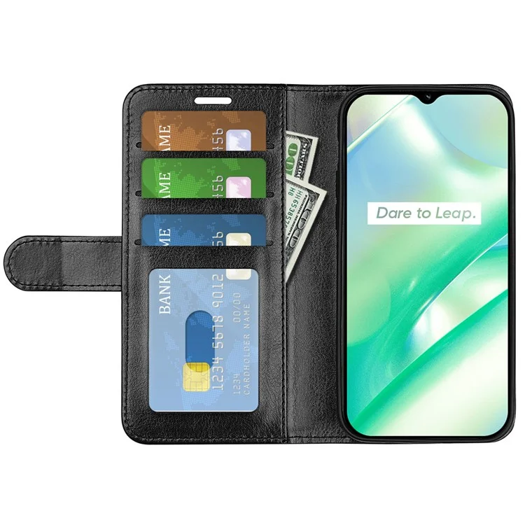 Für Realme C33 4G PU Leder Phone Hülle Crazy Horse Textur Cover TPU Innere Schalenständer Brieftasche Magnetische Schütze Flip Cover - Schwarz