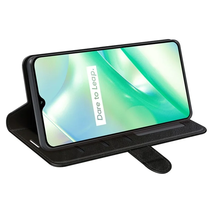 Für Realme C33 4G PU Leder Phone Hülle Crazy Horse Textur Cover TPU Innere Schalenständer Brieftasche Magnetische Schütze Flip Cover - Schwarz