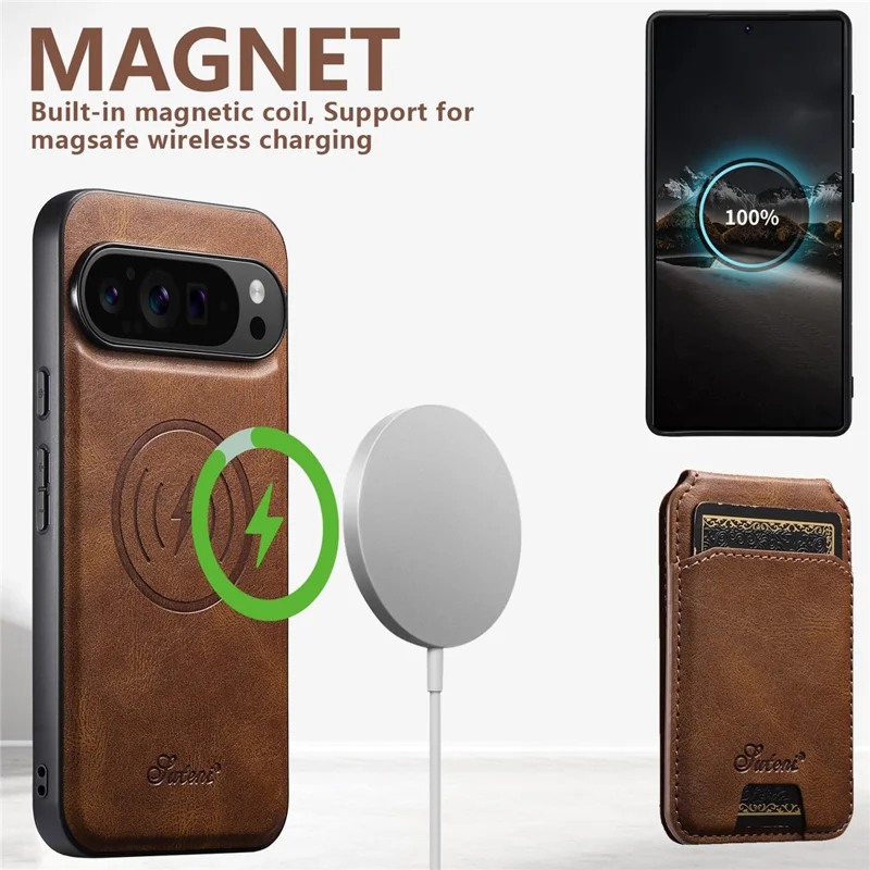 SUTENI H15 For Google Pixel 9 Pro XL Case Compatible with MagSafe Detachable Card Holder Phone Cover - Brown