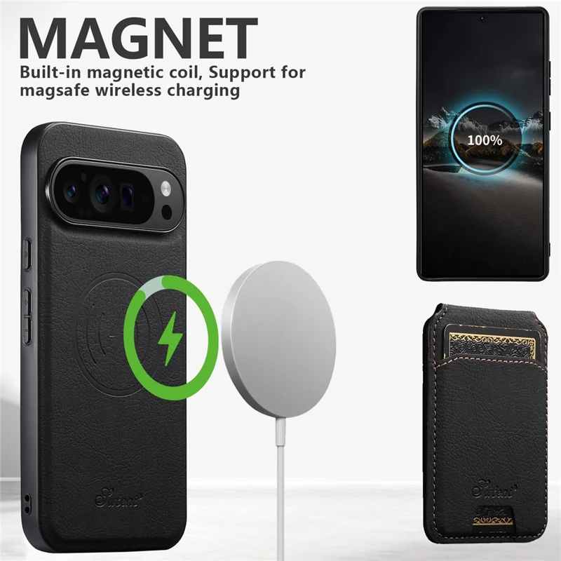 SUTENI H16 For Google Pixel 9 Pro XL Case Compatible with MagSafe Kickstand Phone Cover Detachable Card Holder - Black