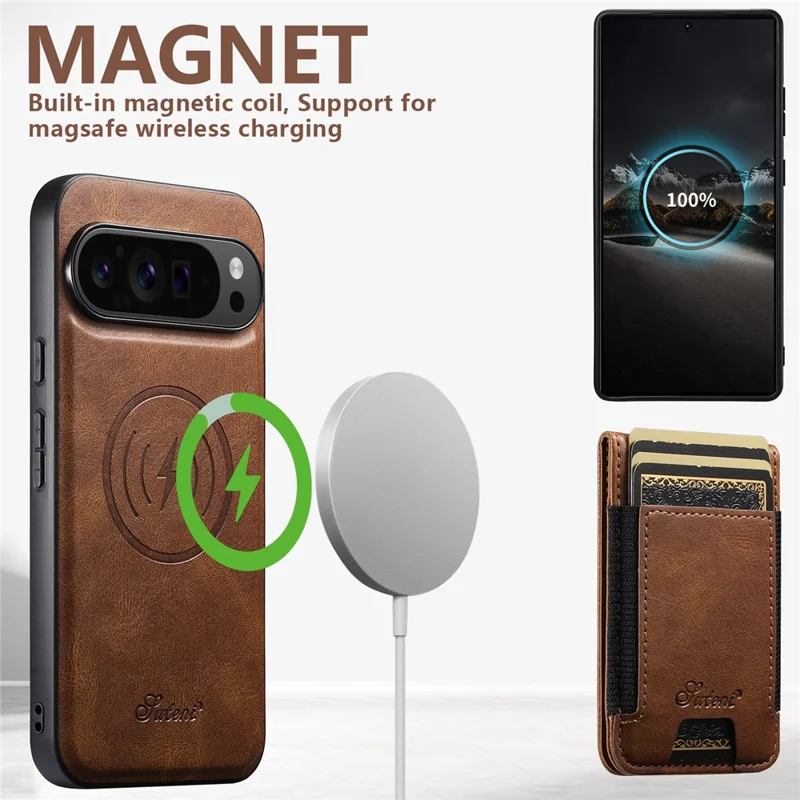 SUTENI Para Google Pixel 10 / 10 Pro Capa Compatível com Suporte para Cartão MagSafe com Apoio de Mão e Capa para Celular - Marrom