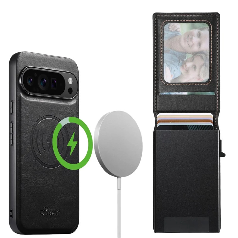 SUTENI H19 Étui magnétique pour Google Pixel 9 / 9 Pro avec emplacements pour cartes, texture waxy, coque arrière en cuir - Noir