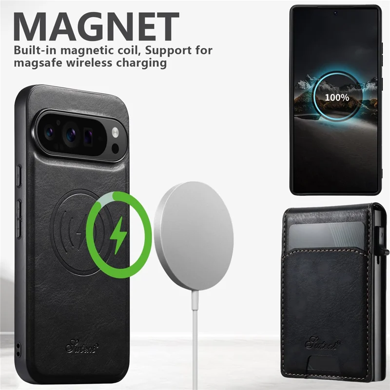 SUTENI H19 Étui magnétique pour Google Pixel 9 / 9 Pro avec emplacements pour cartes, texture waxy, coque arrière en cuir - Noir