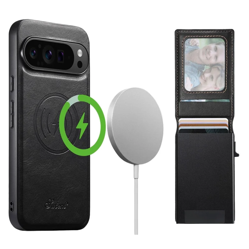 Capa de Couro SUTENI H19 para Google Pixel 9 Pro XL - Estojo Magnético com Textura Acetinada e Compartimentos para Cartões - Preto