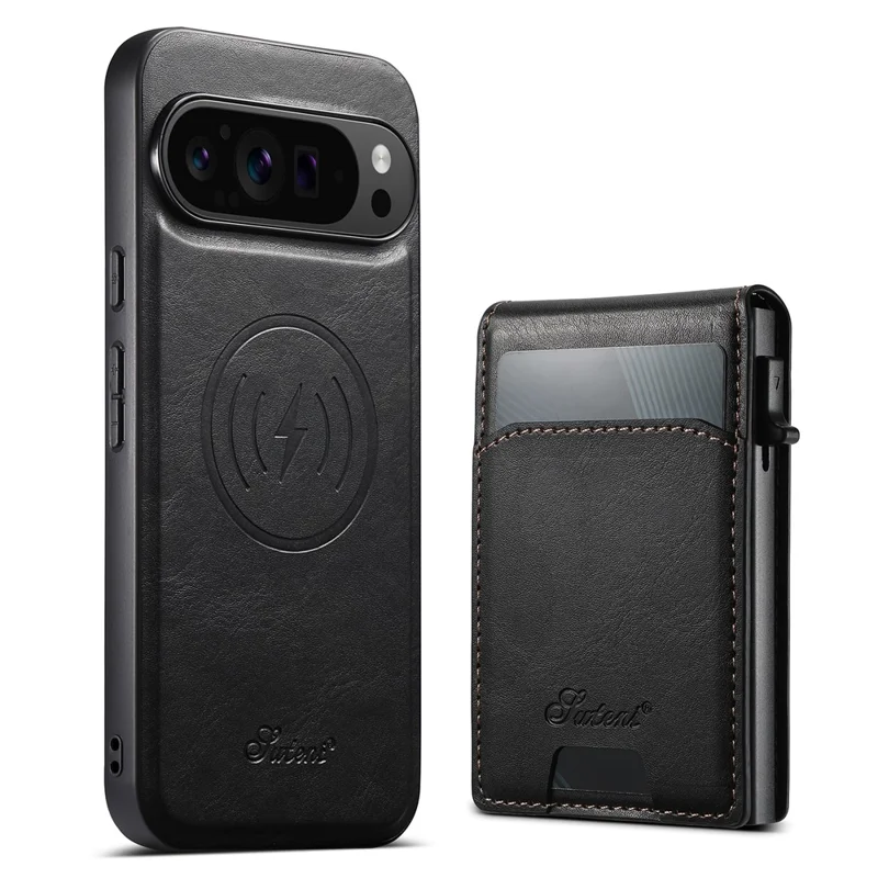 Capa de Couro SUTENI H19 para Google Pixel 9 Pro XL - Estojo Magnético com Textura Acetinada e Compartimentos para Cartões - Preto